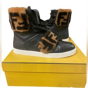 Fendi FF shearling high top sneakers sz 36